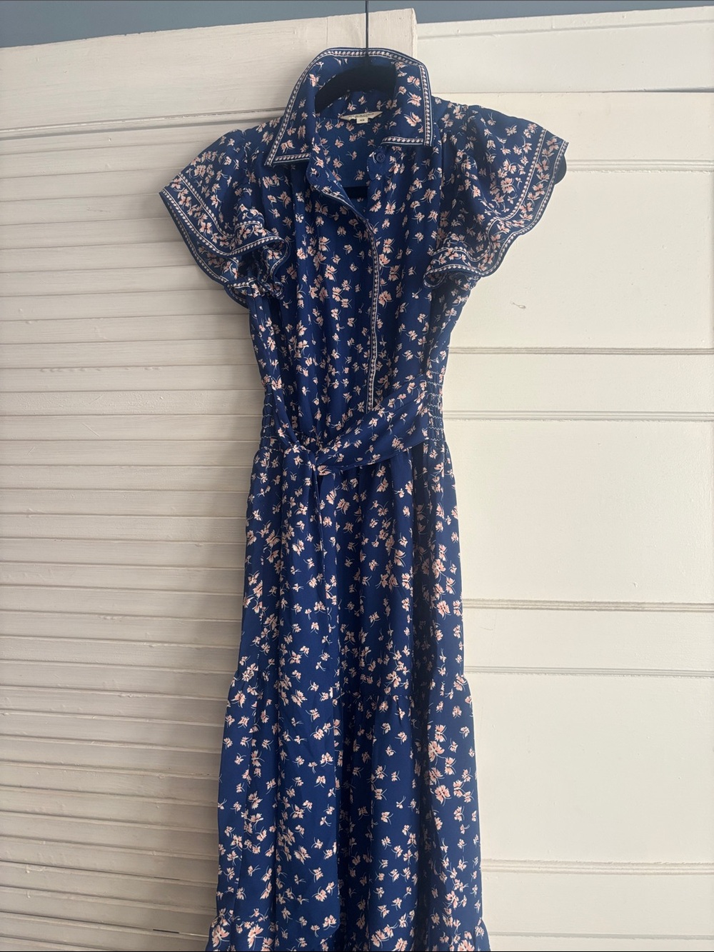 Max Studio Navy Maxi Dress with Pink Floral Print and Tie Waist